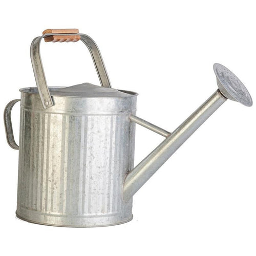 VINTAGE GALVANIZED WATERING CAN WITH WOOD HANDLE